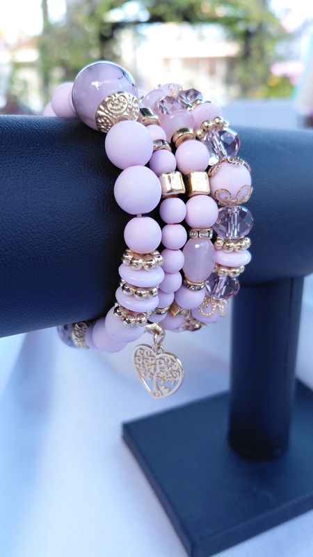 Heart Charm Crystal Bead Bracelet Set - Pink