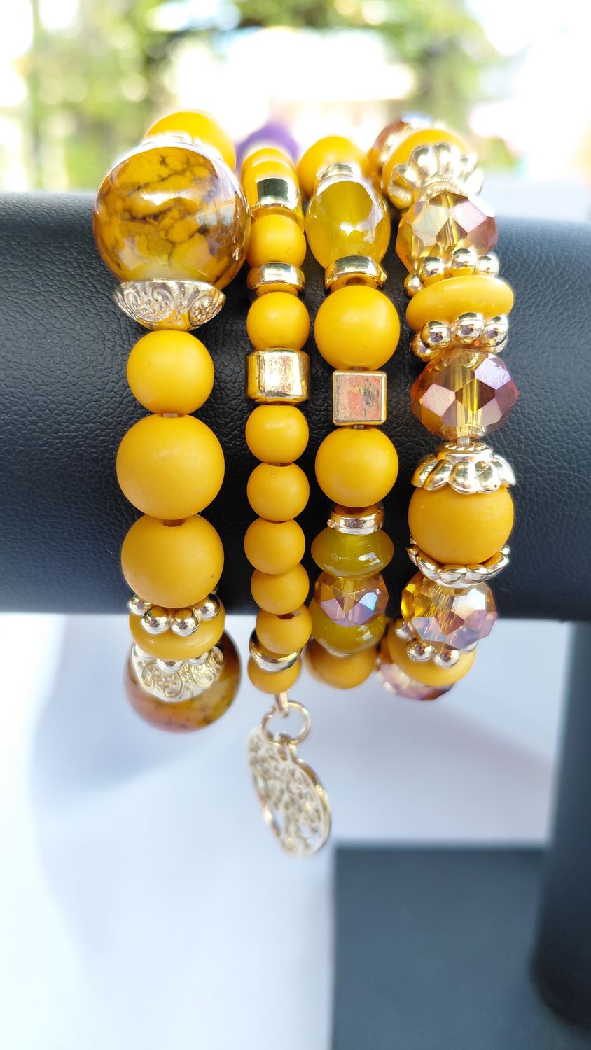 Heart Charm Crystal Bead Bracelet Set -Gold