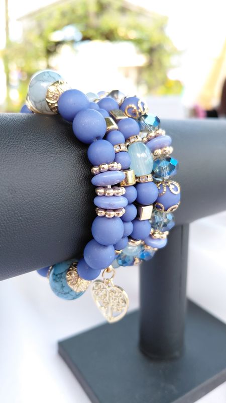 Heart Charm Crystal  Bead Bracelet Set - Blue
