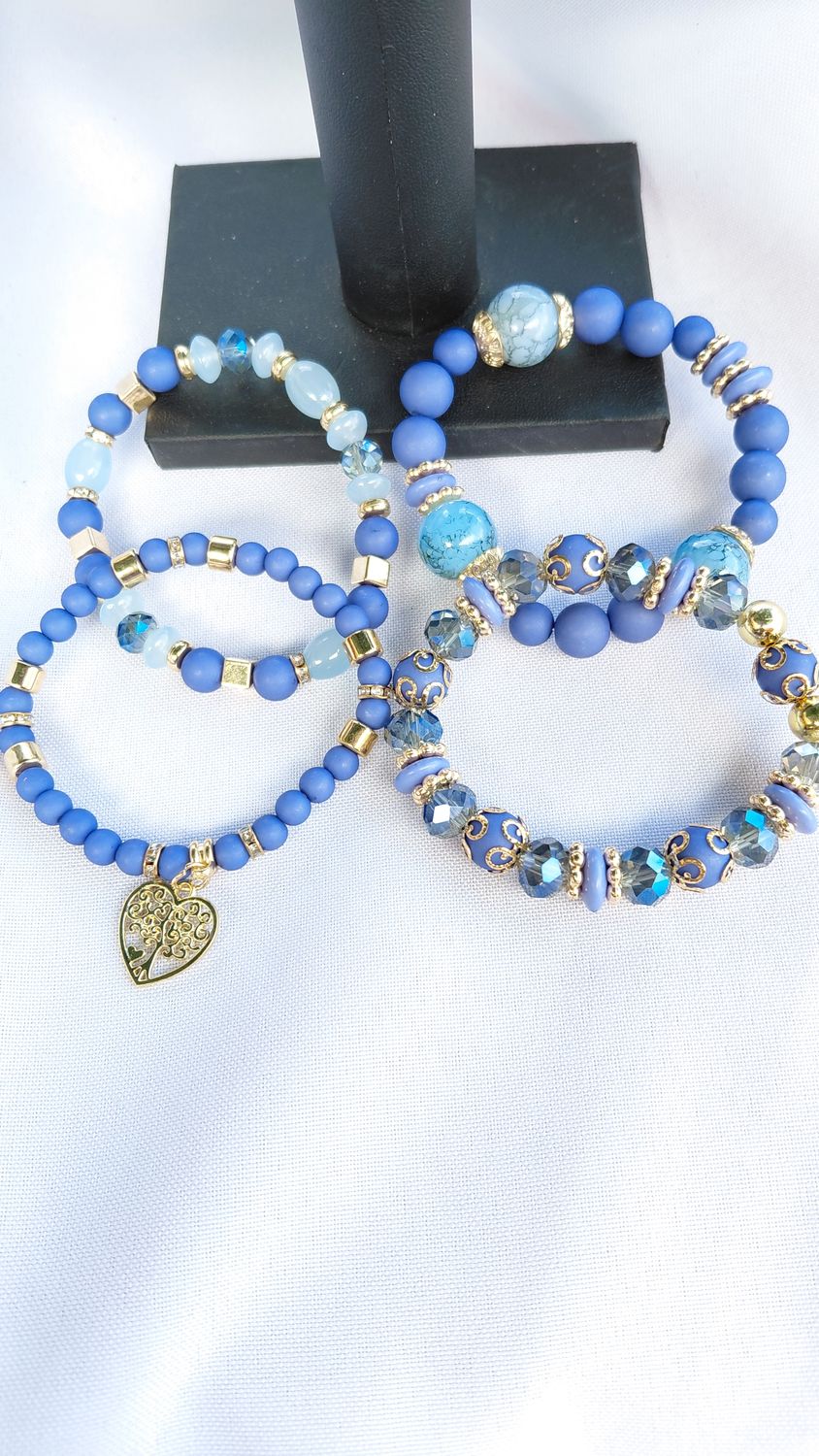 Heart Charm Crystal  Bead Bracelet Set - Blue