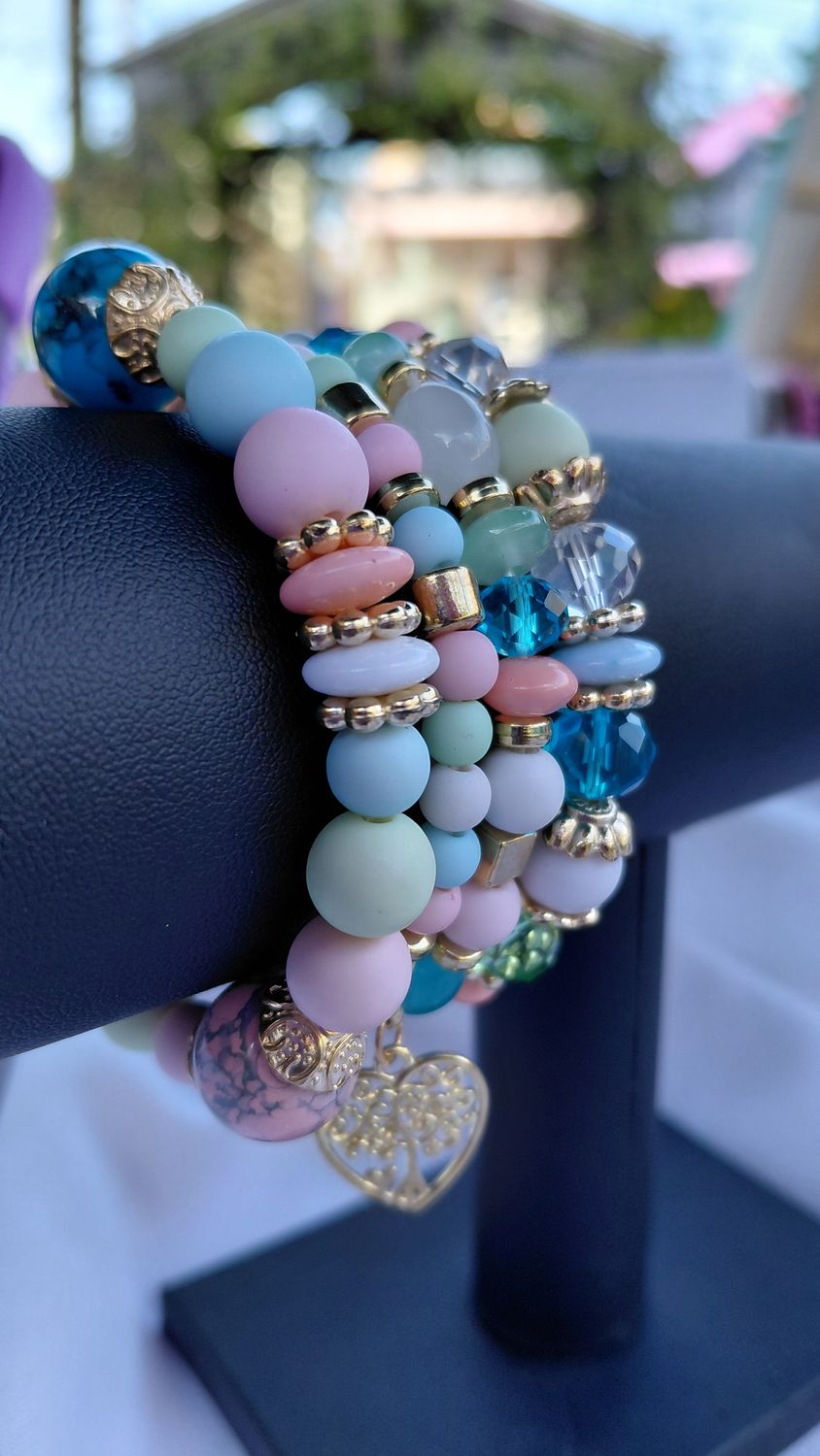 Heart Charm Crystal Bead Bracelet Set- Pastel Multicolor