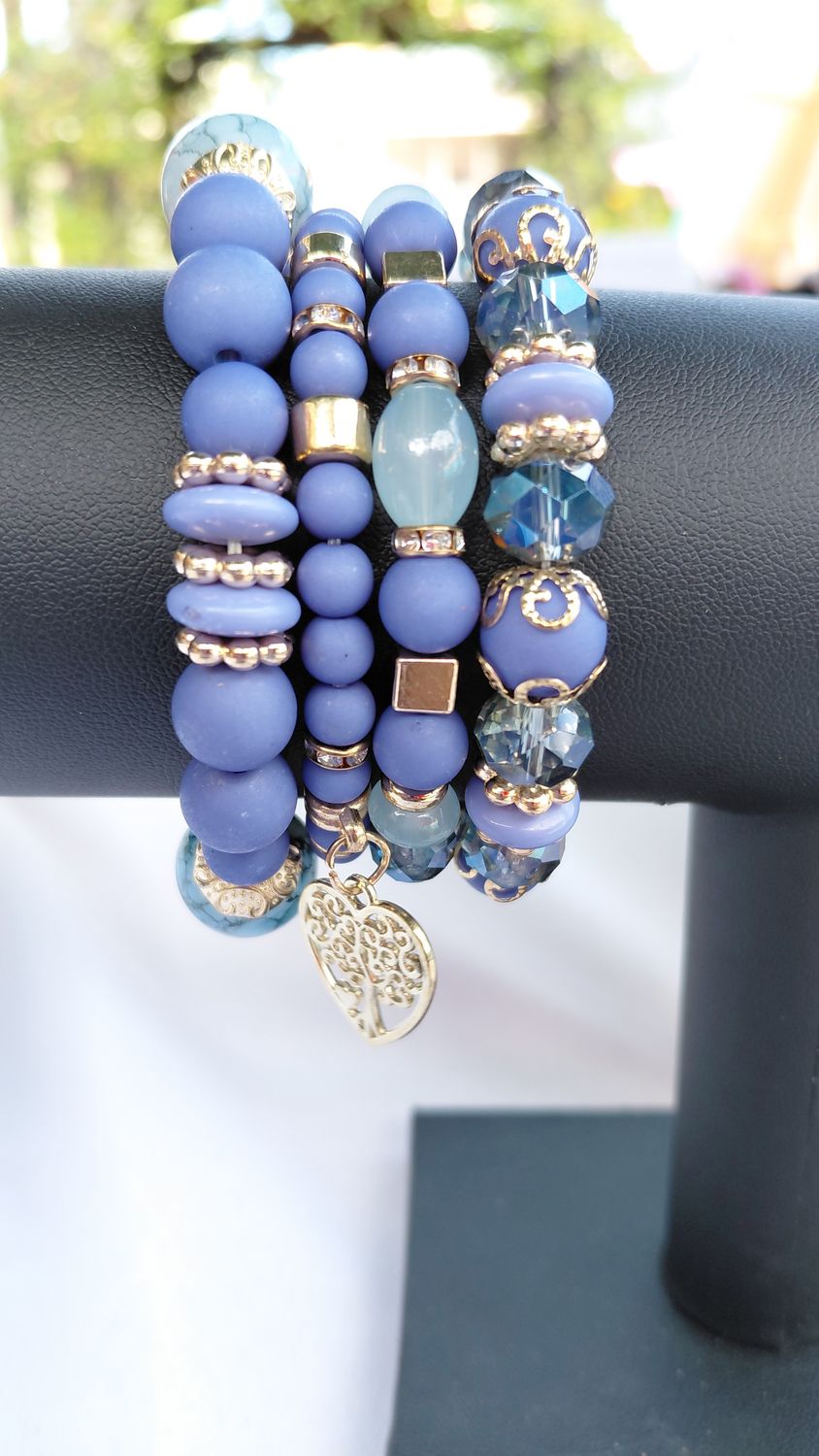 Heart Charm Crystal  Bead Bracelet Set - Blue