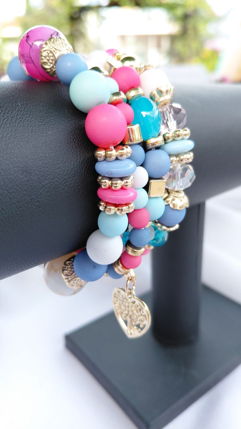 Heart Charm Crystal  Beaded Bracelet Set- Multicolor Pink/Sky blue