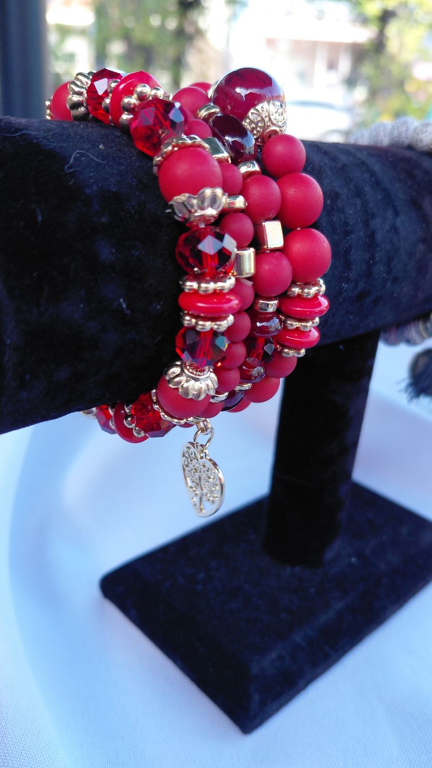 Heart Charm Crystal Bead Bracelet Set - Red