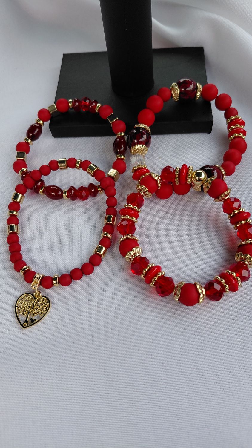 Heart Charm Crystal Bead Bracelet Set - Red