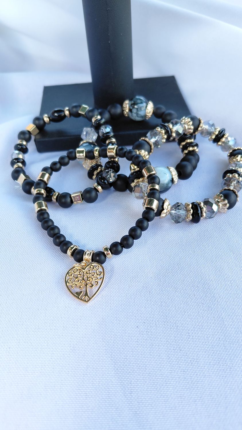 Heart Charm Crystal Bead Bracelet Set -Black
