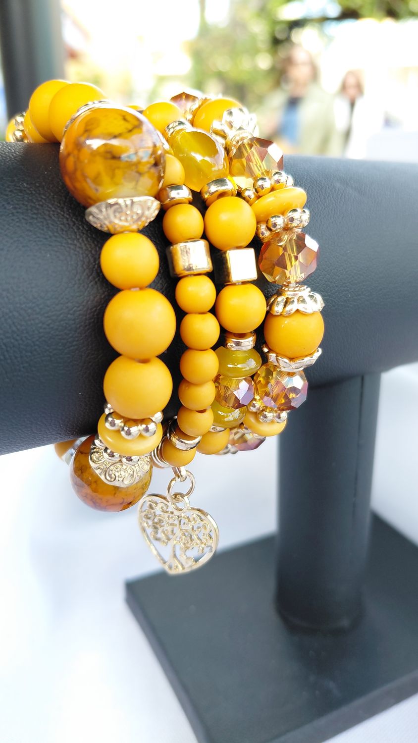 Heart Charm Crystal Bead Bracelet Set -Gold