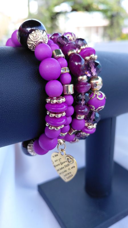 Heart Charm Crystal Bead Bracelet Set- Purple/Plum