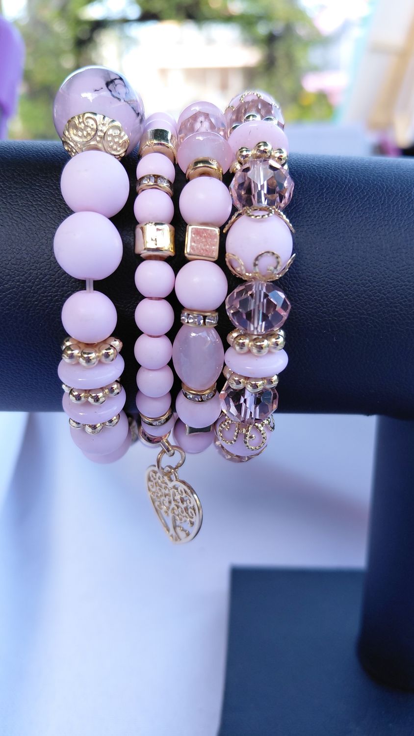 Heart Charm Crystal Bead Bracelet Set - Pink