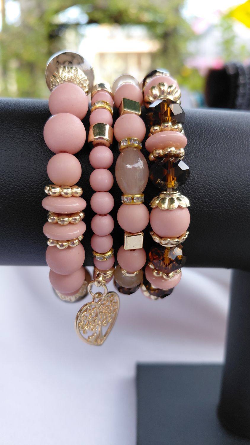 Heart Charm Crystal Beaded Bracelet Set - Nude