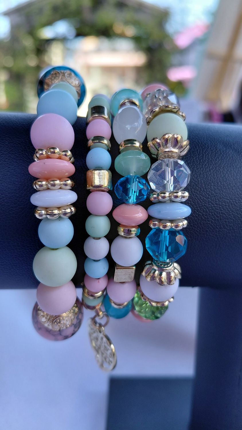 Heart Charm Crystal Bead Bracelet Set- Pastel Multicolor