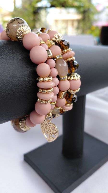 Heart Charm Crystal Beaded Bracelet Set - Nude