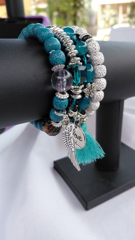 Love Wings Tassel Charm Bracelet Set- Teal