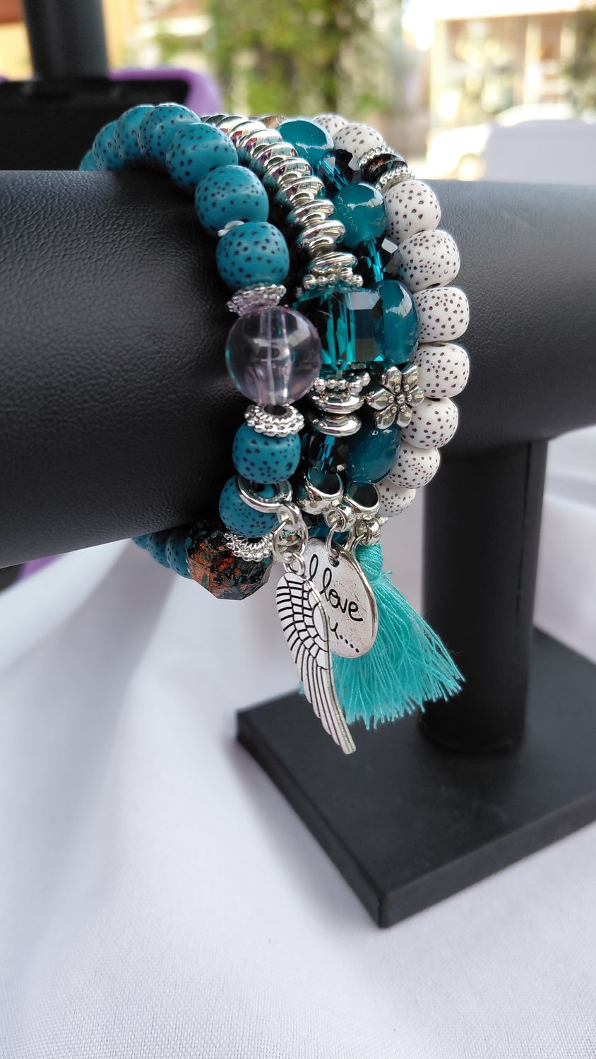 Love Wings Tassel Charm Bracelet Set- Teal