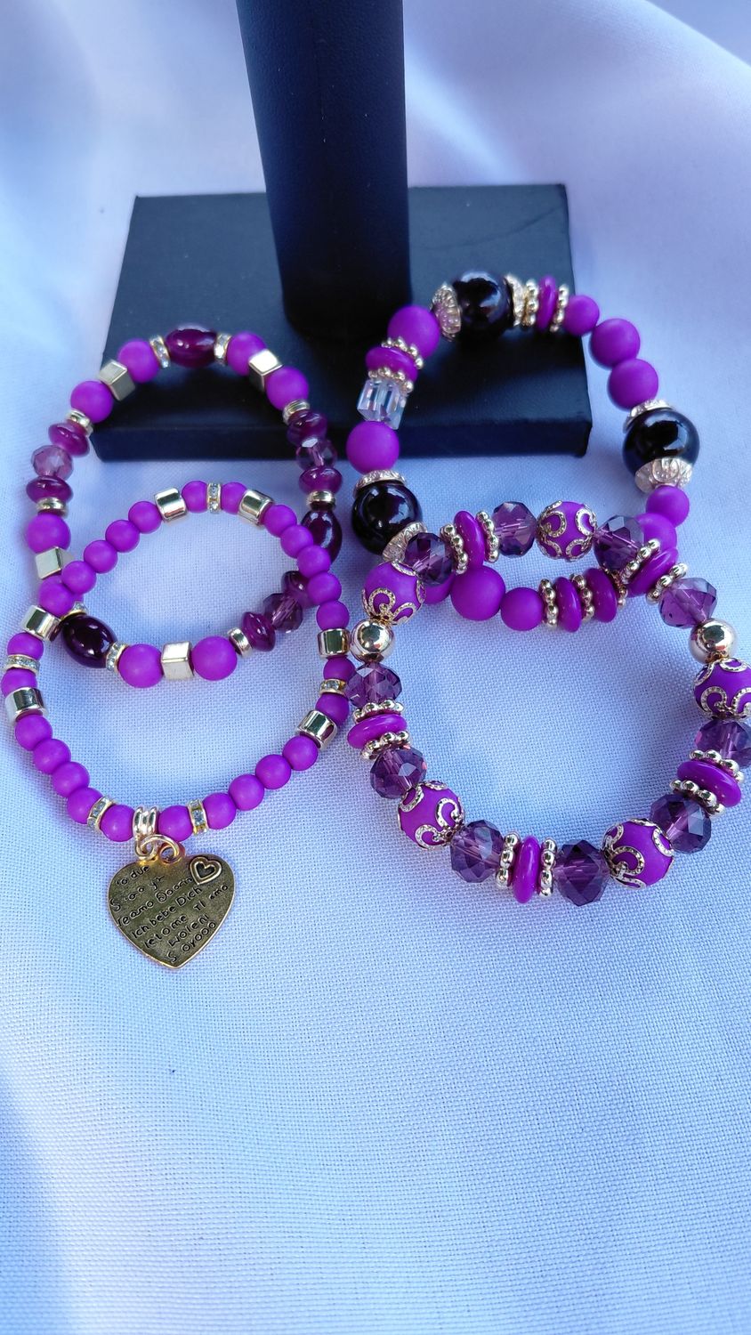 Heart Charm Crystal Bead Bracelet Set- Purple/Plum
