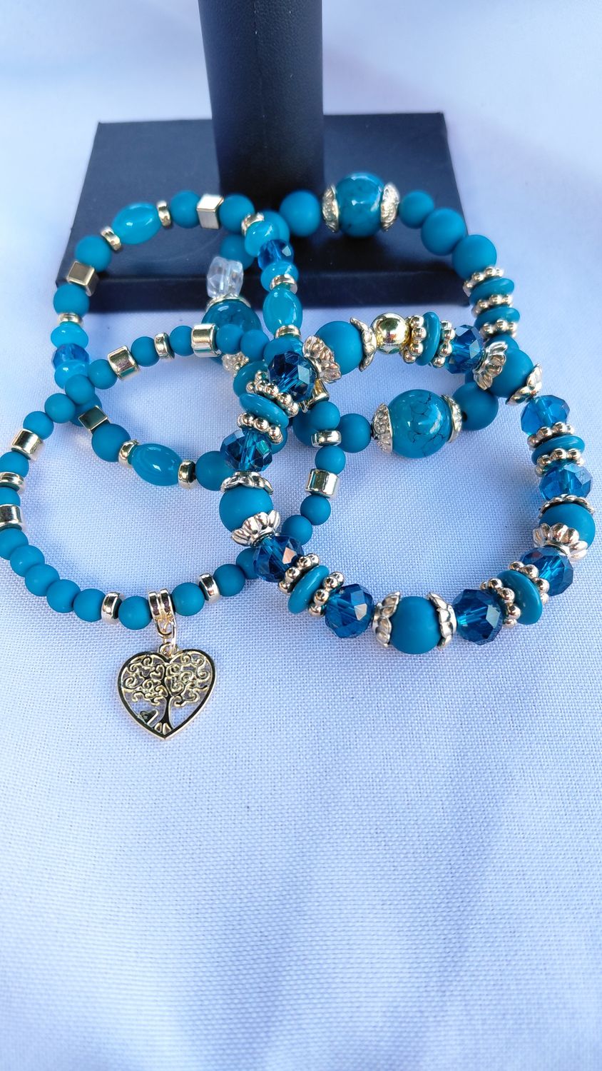Heart Charm Crystal Bead Bracelet Set- Turquoise