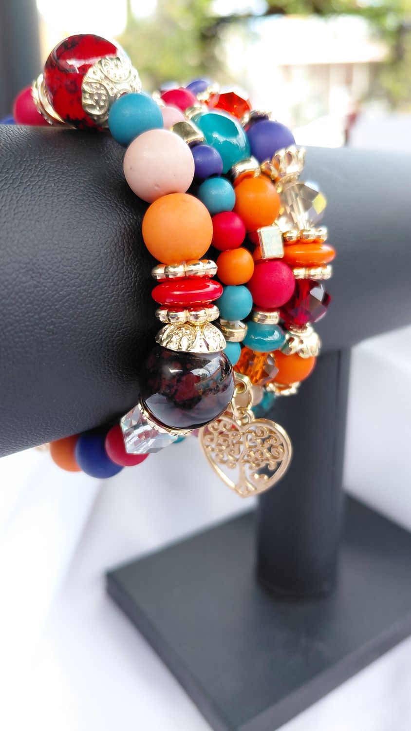 Heart Charm Crystal Beaded Bracelet Set- Multicolor Red - Matte