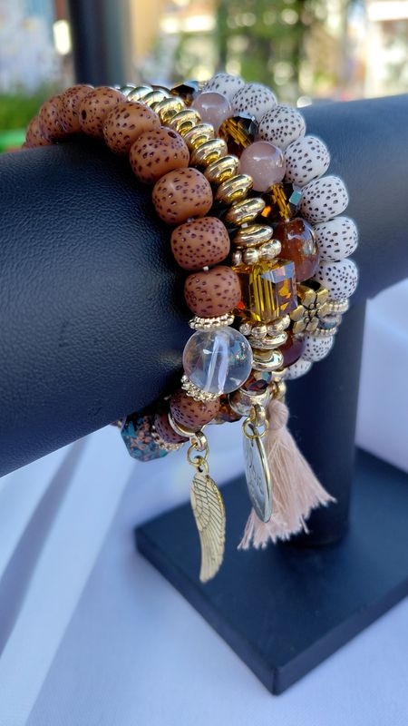 Love Wings Tassel Charm Bracelet Set- Brown and Gold
