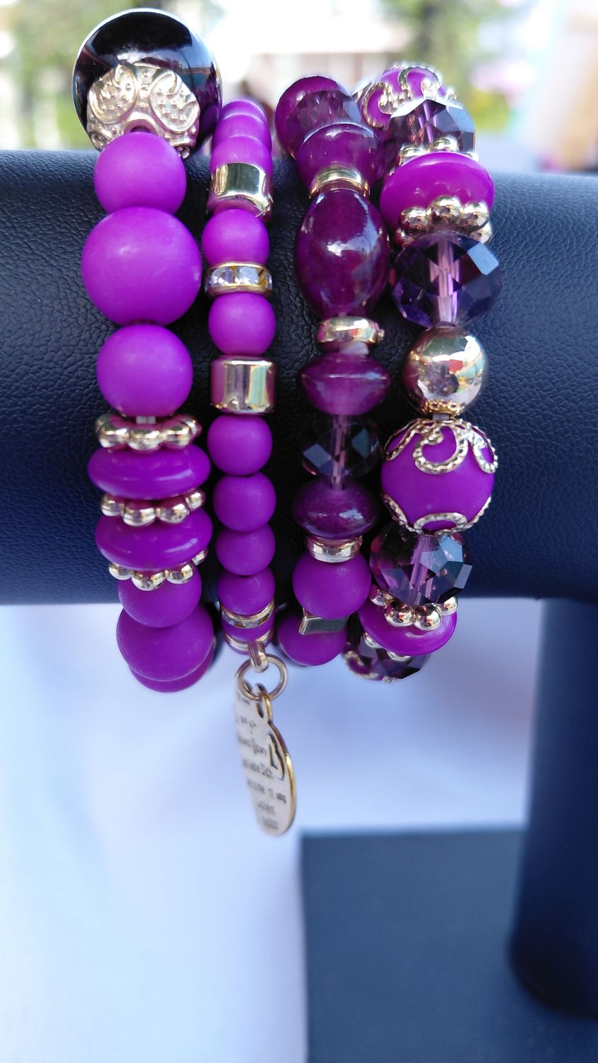 Heart Charm Crystal Bead Bracelet Set- Purple/Plum