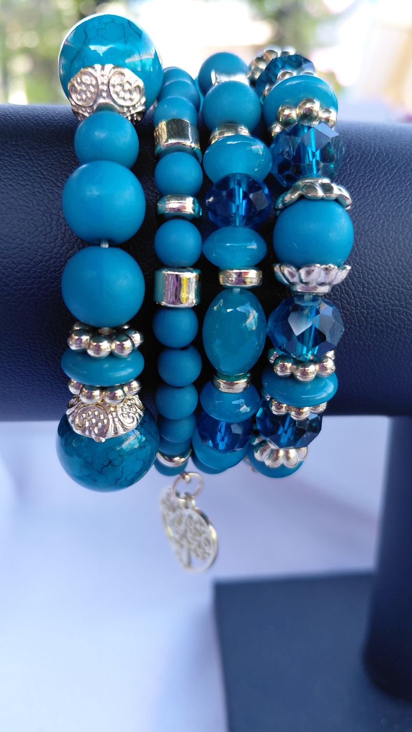 Heart Charm Crystal Bead Bracelet Set- Turquoise