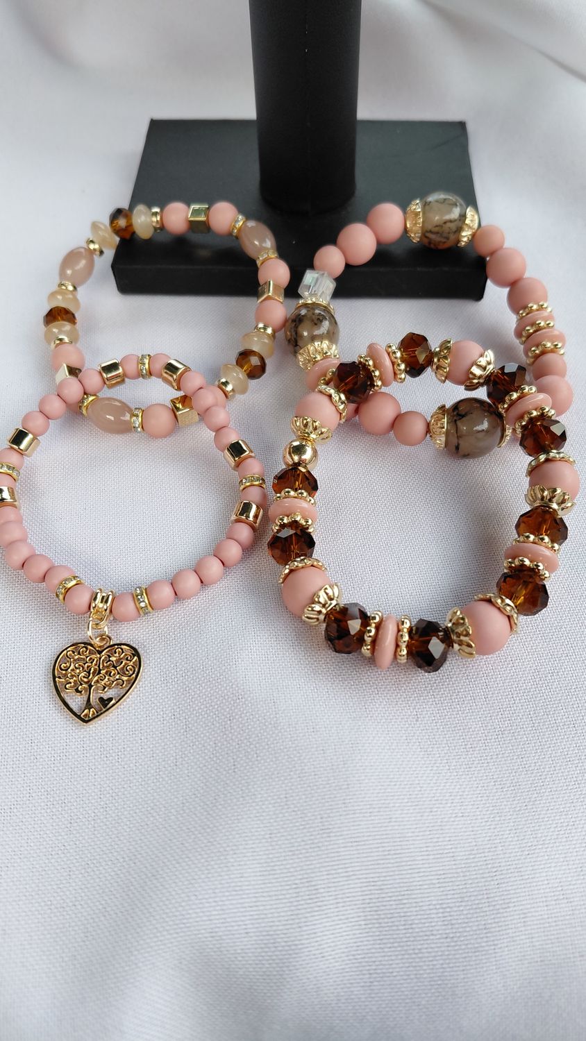 Heart Charm Crystal Beaded Bracelet Set - Nude