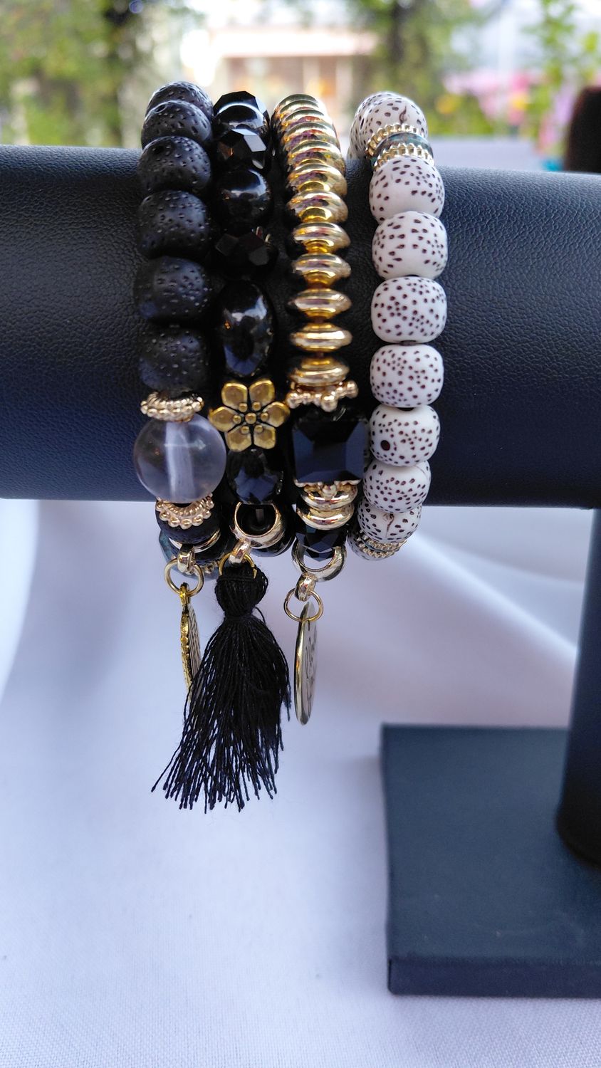 Love Wings Tassel Charm Bracelet Set- Black/Gold