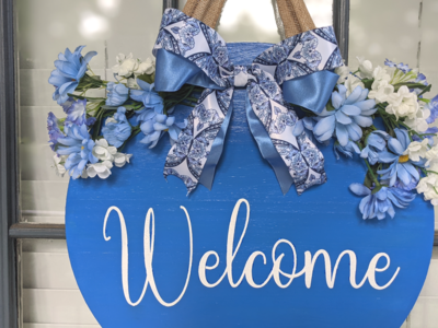 Blue and White Round Wood Welcome Door Hanger