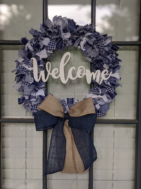 Blue &amp; White Farmhouse Welcome Rag Wreath