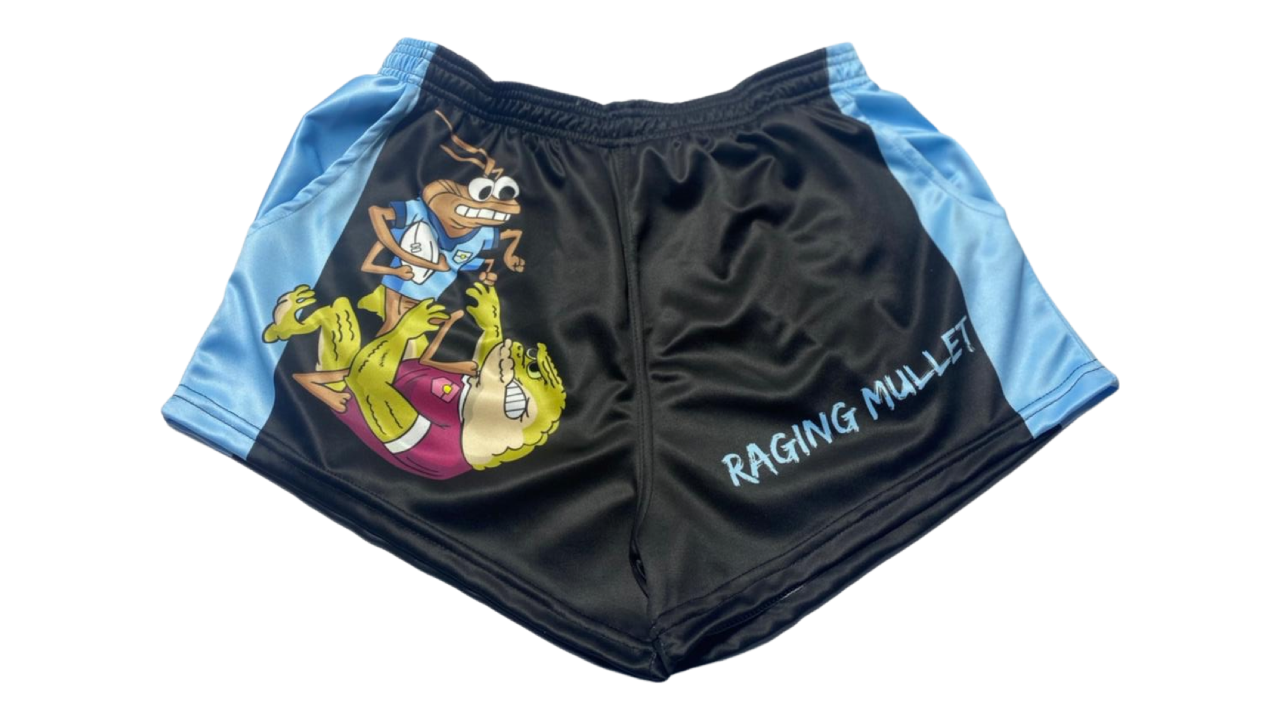 NSW STATE OF ORIGIN RAGING MULLET FOOTY SHORTS, SIZE: 3XL