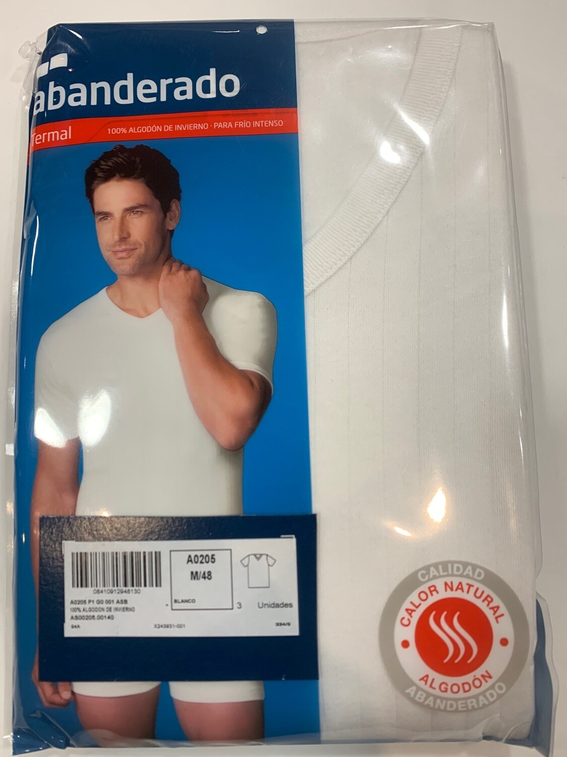 Camiseta interior térmica VARILLADA  m/c cuello V hombre algodón de invierno 100% Interlock 205