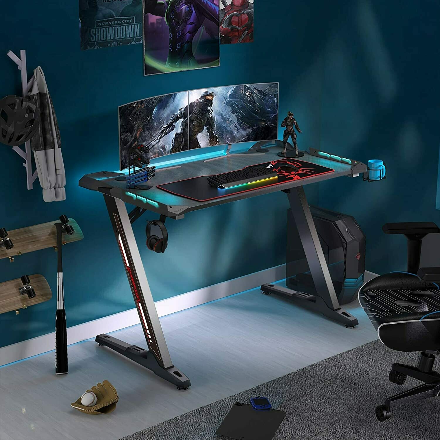 Eureka Ergonomic Z1 S Gaming Desk 44 5 Z Shaped Office Pc Computer Gaming Desk Gamer Tables Pro With Led Lights Controller Stand Cup Holder Headphone Hook Free Mousepad