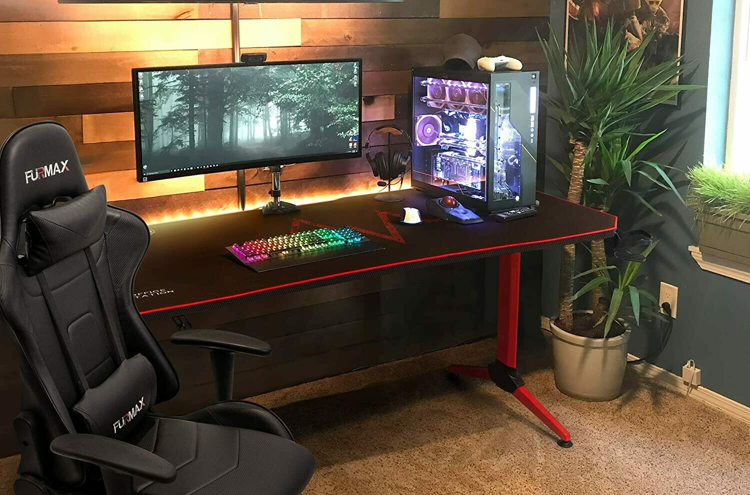 Furmax 55 Inch Gaming Desk T-Shaped PC Computer Table with Carbon Fibre  Surface Free Mouse Pad Home Office Desk Gamer Table Pro with Game Handle  Rack Headphone Hook and Cup Holder