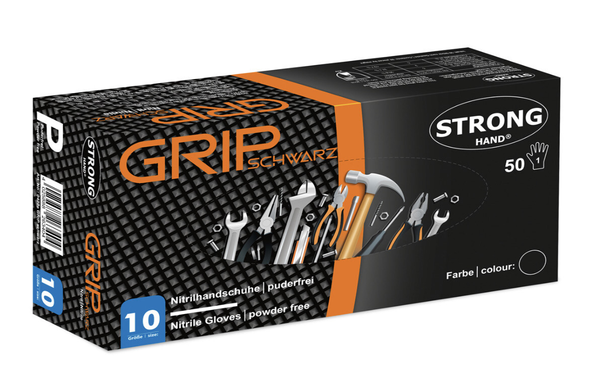 STRONGHAND® Handschuhe „Grip Schwarz“ – Nitril Einweghandschuhe mit Diamantstruktur | 50 Stück