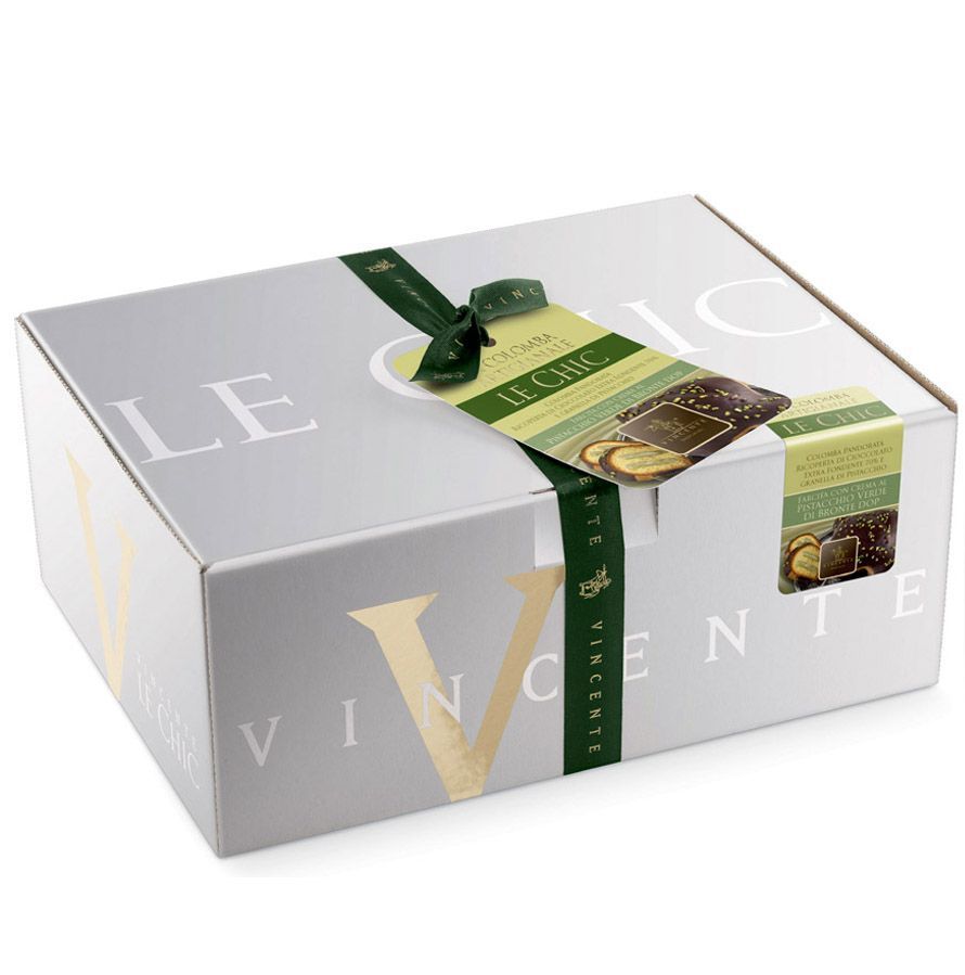 Vincente Colomba artigianale LE CHIC pandorata Ricoperta di Cioccolato Fondente e Farcita con Crema di “Pistacchio Verde di Bronte Dop” 900g