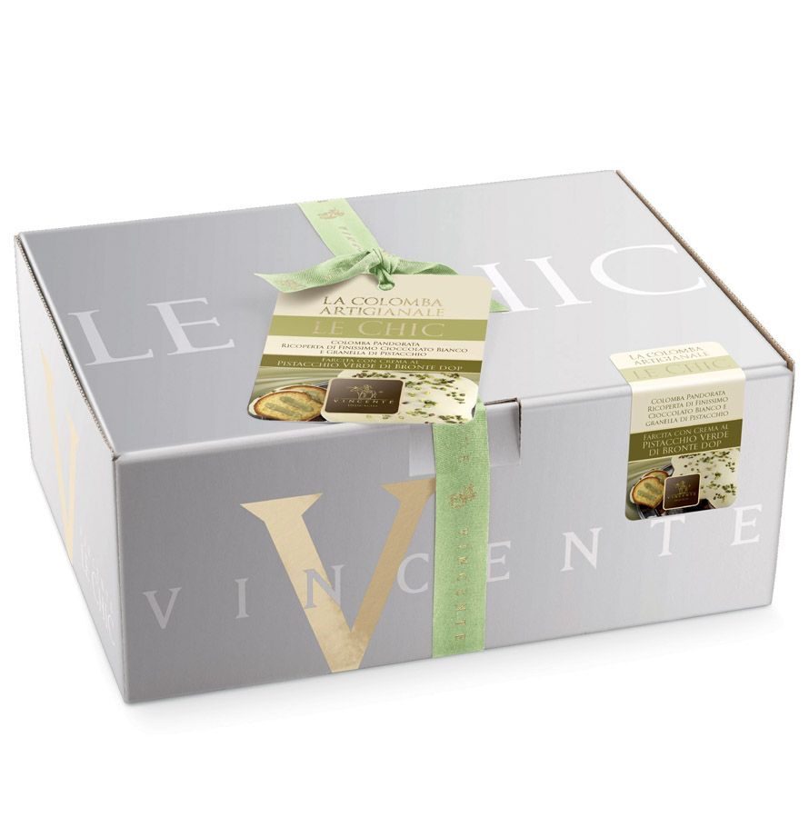 Vincente Colomba artigianale LE CHIC Colomba Ricoperta di Cioccolato Bianco e Farcita con Crema di “Pistacchio Verde di Bronte Dop” 900g