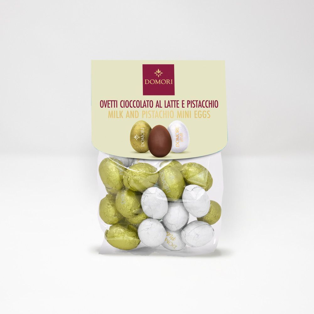 Domori  Sacchetto di ovetti al cioccolato al latte e pistacchio  200 g