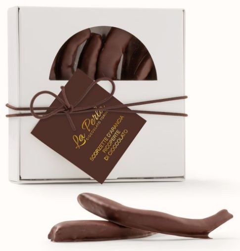 La Perla Scorzette d'arancia ricoperte di cioccolato fondente (Cacao: 61% min.). 150 gr La Perla Scorzette d'arancia ricoperte di cioccolato fondente (Cacao: 61% min.). 150 gr