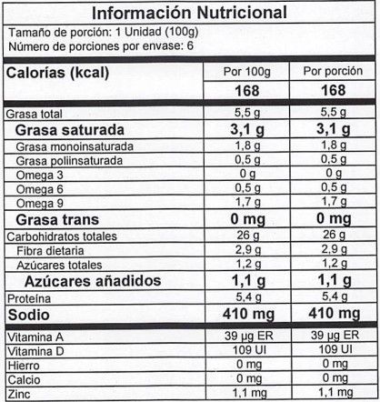Tabla Nutricional Arepa Puroqueso Doña Aleja