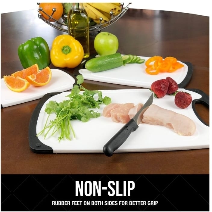 Farberware Non Slip Plastic Cutting Board Set with Juice Grooves, 3-Piece, Maroon