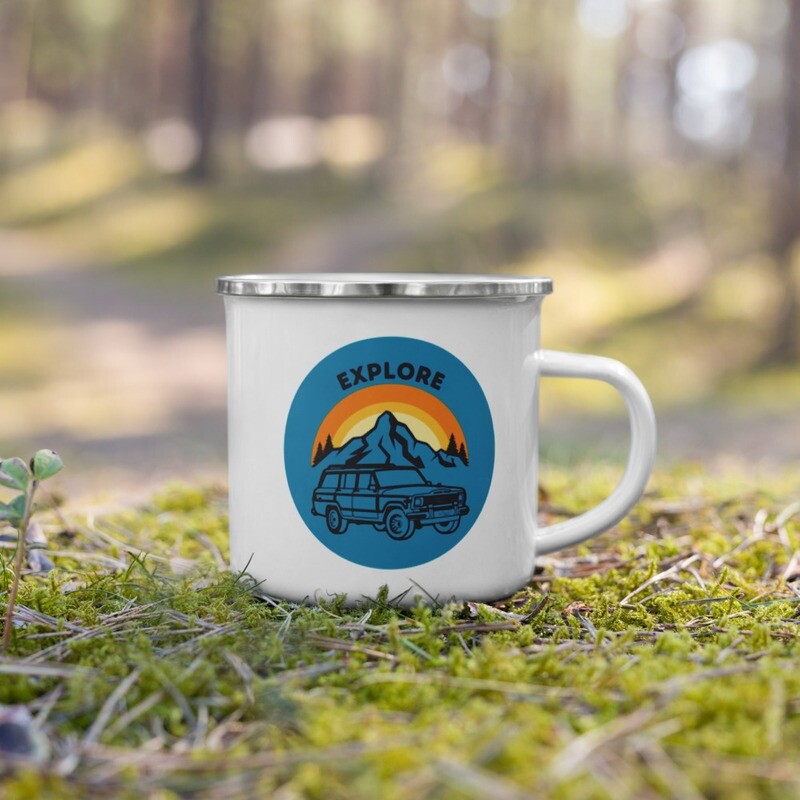 Explore Enamel Mug Jeep Grand Wagoneer Woody Retro Truck Car Mountains Outdoors Blue