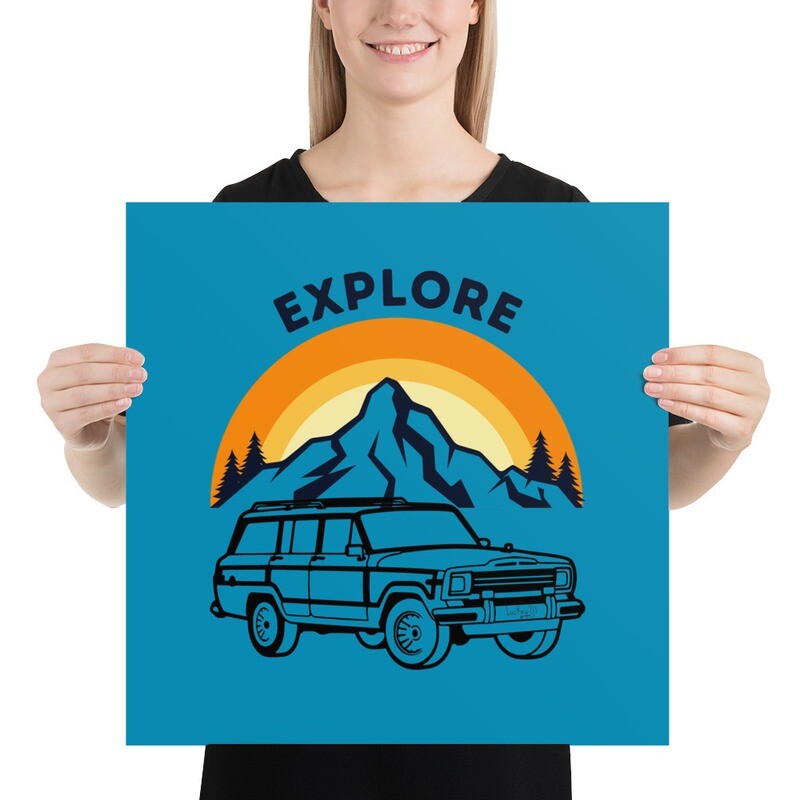 Explore Poster Jeep Grand Wagoneer Woody Retro Truck Car Mountains Outdoors Blue