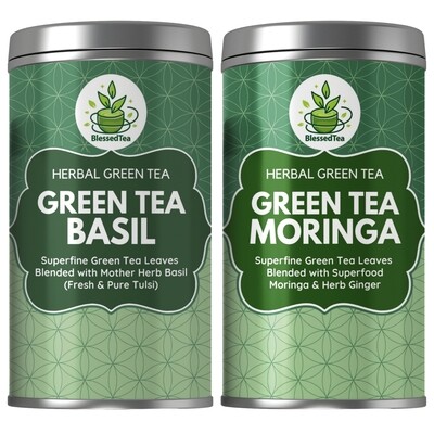 Combo Packs - Green Tea Basil 100Gram Plus Green Tea Moringa 100Gram (2 Teas)