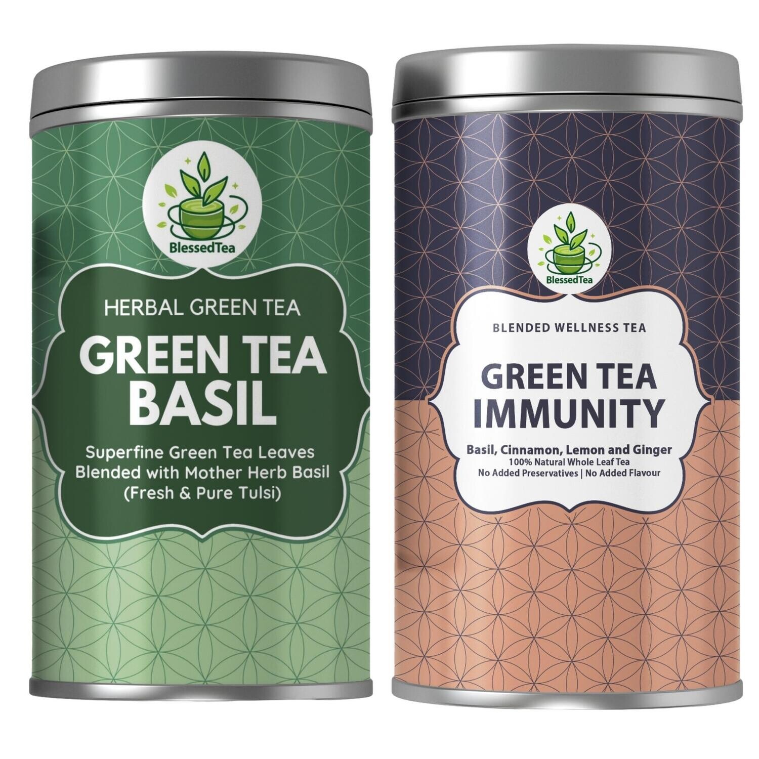 Combo Packs - Green Tea Immunity 100Gram Plus Green Tea Basil 100Gram (2 Teas)