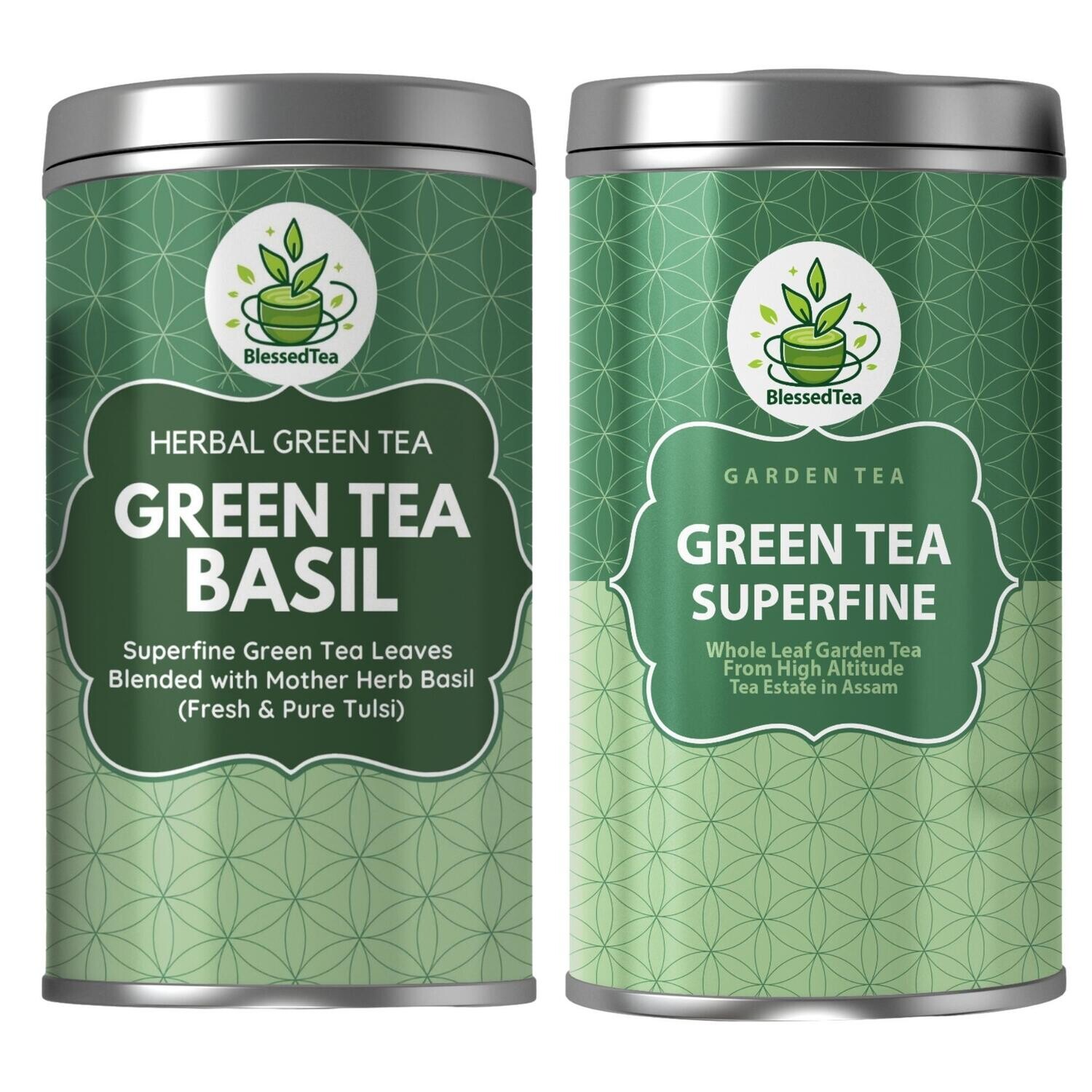 Combo Packs - Green Tea Superfine 100Gram Plus Green Tea Basil 100Gram (2 Teas)