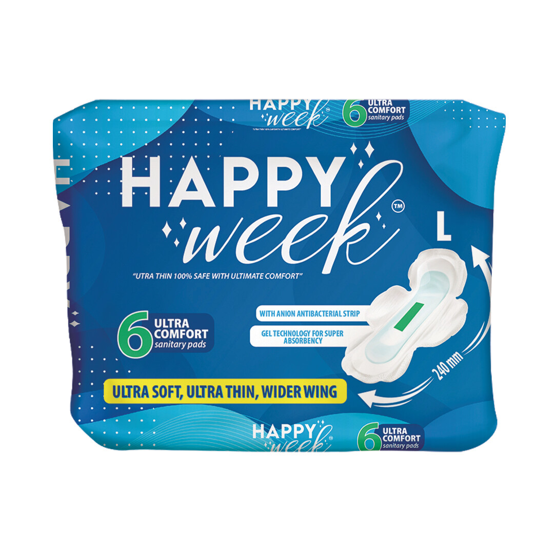 HAPPY WEEK Ultra Thin with ANION STRIP Premium Quality Sanitary Napkin, 240 mm(L) (Pack of 6) (Total 36 Napkins)