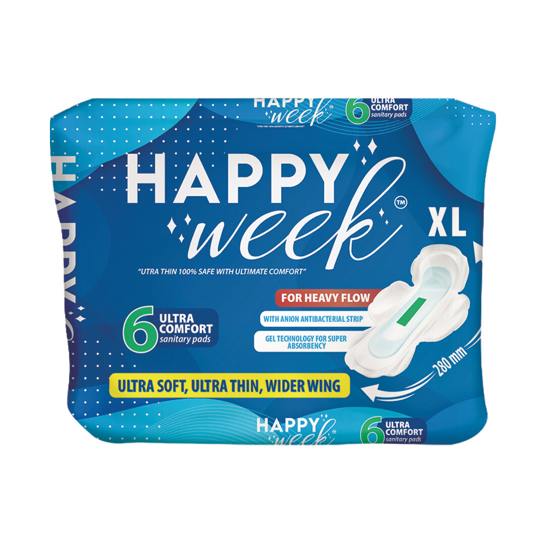 HAPPY WEEK Ultra Thin with ANION STRIP For Heavy Flow, Sanitary Napkin, 280 mm(XL) (Pack of 6) (Total 36 Napkins)