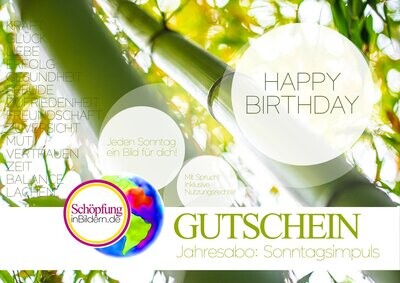 Gutschein: Jahresabo Sonntagsimpuls zum Ausdrucken, Motiv Glücksbambus "HAPPY BIRTHDAY"