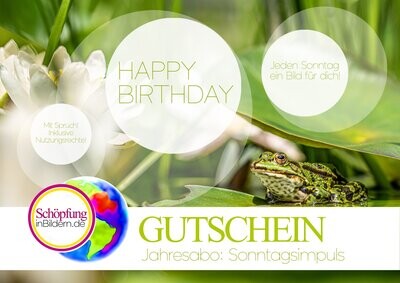 Gutschein: Jahresabo Sonntagsimpuls zum Ausdrucken, Motiv Seerose und Frosch "HAPPY BIRTHDAY"