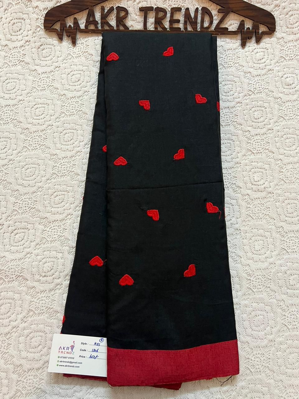 Heart Embroidery Khadi cotton sarees