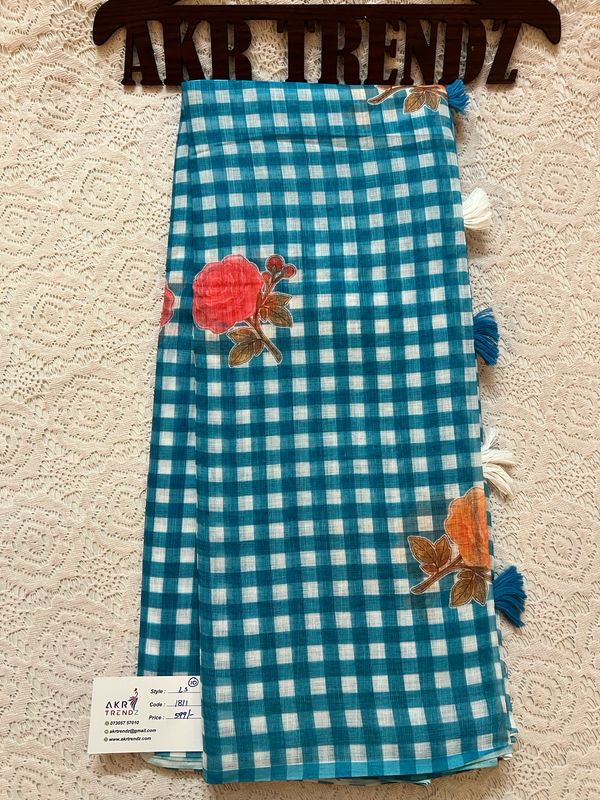 Fancy digital Print Linen Cotton Sarees